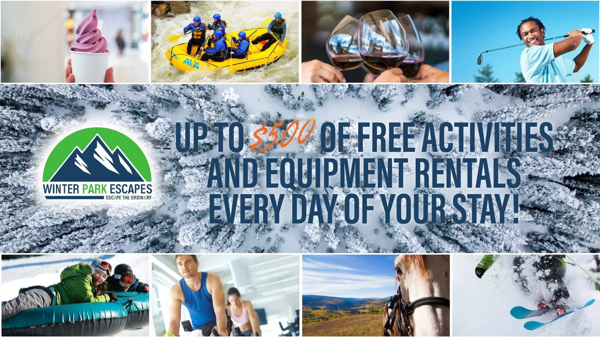 This vibrant exterior image features a dynamic collage of outdoor adventure scenes: a rafting group navigating rapids, a golfer mid-swing, skiers on the slopes, horseback riders exploring trails, as well as ice skating and relaxing moments with drinks. The image encapsulates a variety of year-round activities available in a Rocky Mountain setting.