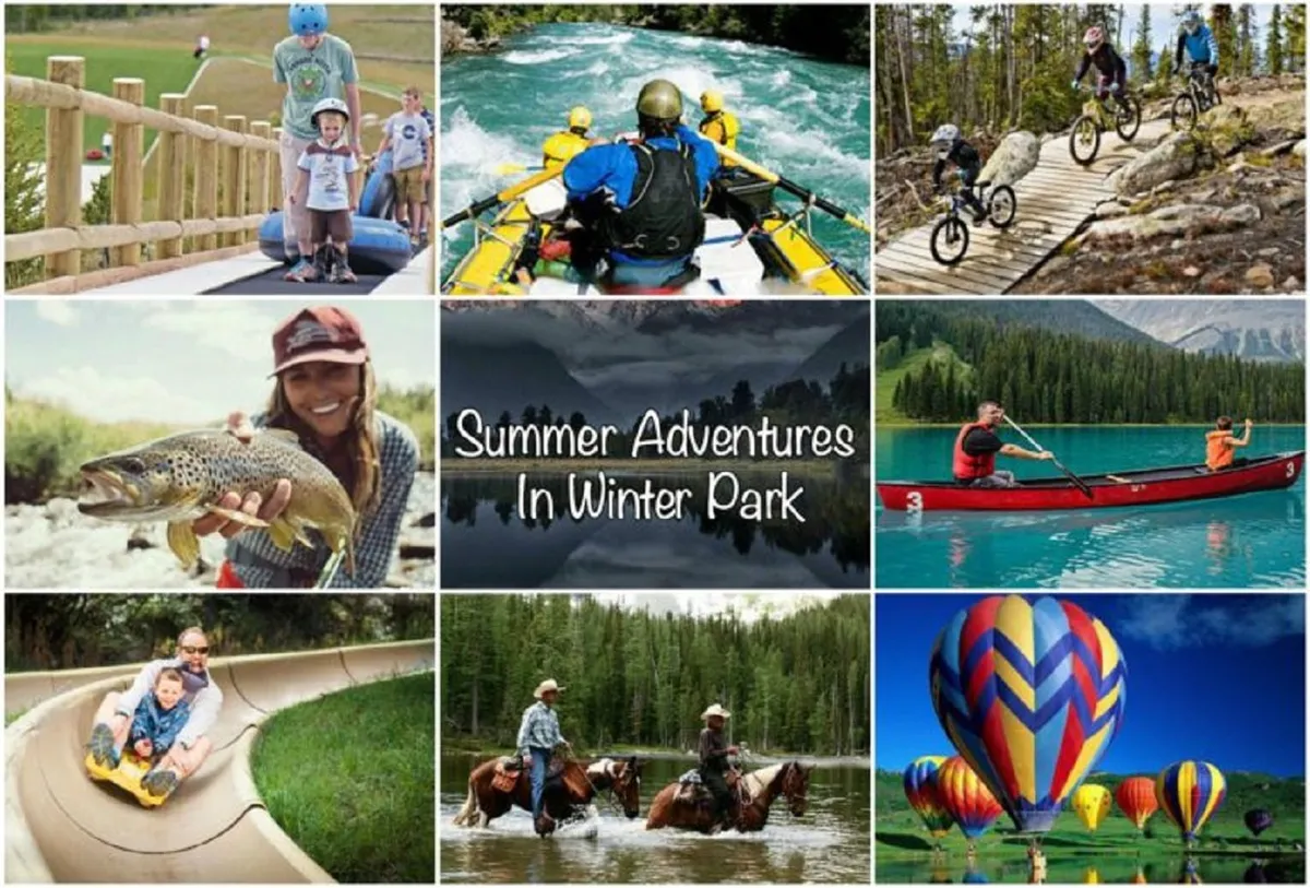 A scenic, action-packed view featuring families and groups enjoying summer activities: rafting through rapids, fishing, biking along nature trails, kayaking, horseback riding, and even a hot air balloon ride above breathtaking Rocky Mountain landscapes.